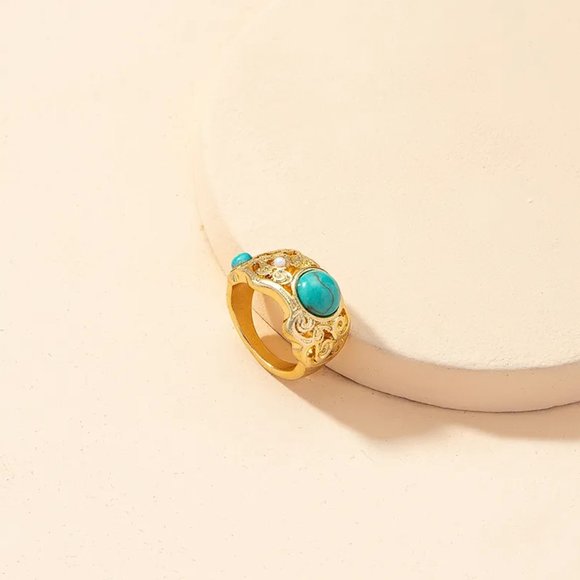 Western Baroque Gold Turquoise & Pearl Southwestern Statement Ring NEW - Picture 3 of 6